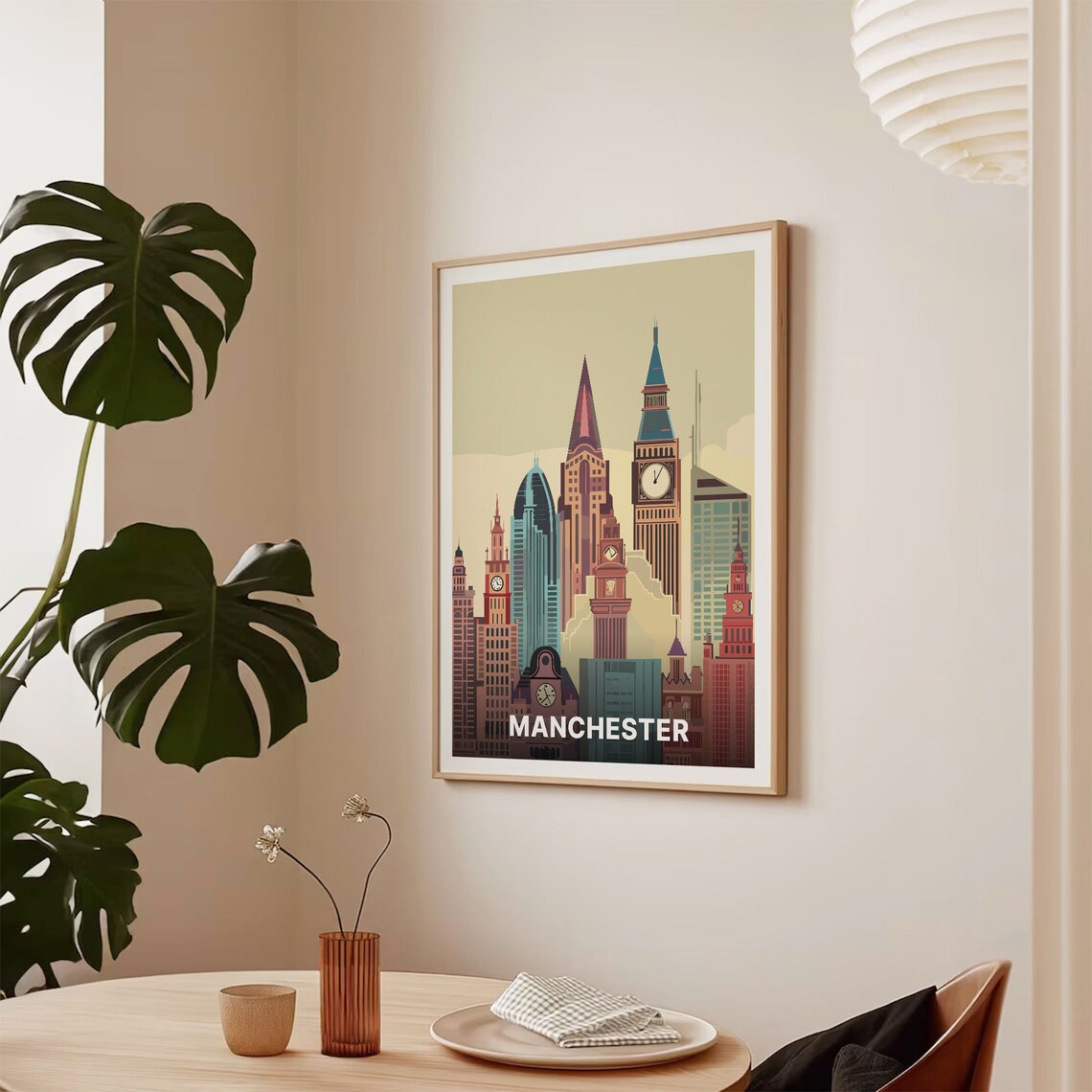 Manchester England Vintage Travel Poster Stylized Skyline Clock Tower Art - Image 2