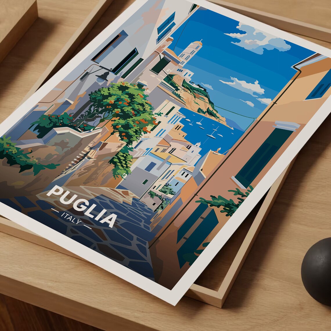 Puglia Italy Travel Poster Whitewashed Alley Sea View Village Art - Image 3