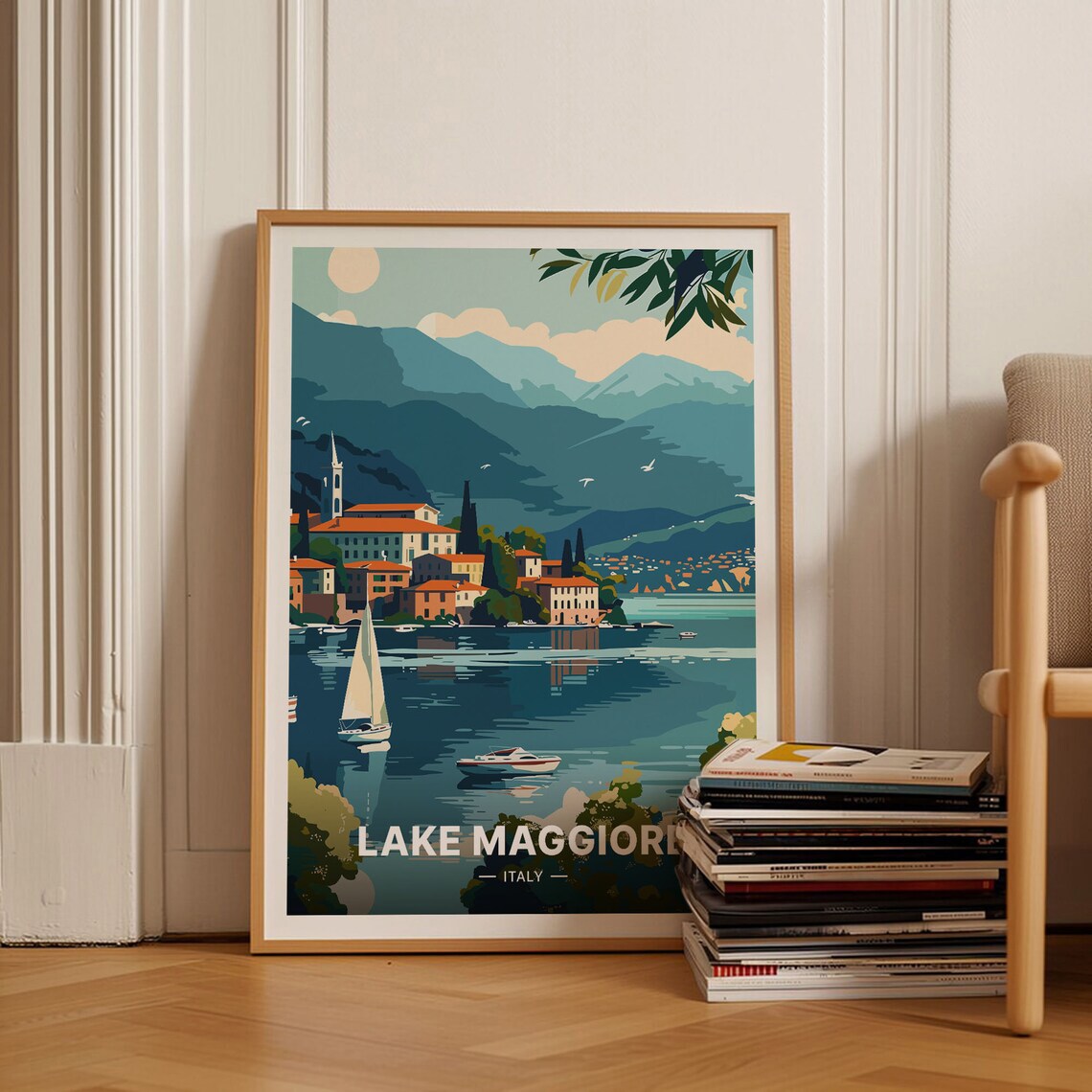 Lake Maggiore Italy Lakeside Town Sailboat Mountain Travel Poster