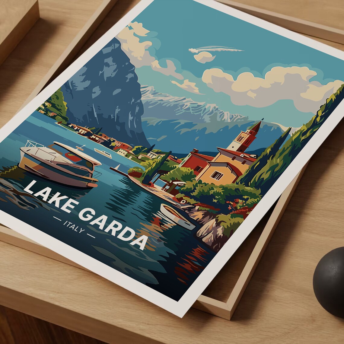 Lake Garda Italy Travel Poster Motorboat Lakeside Church Mountains Art - Image 3