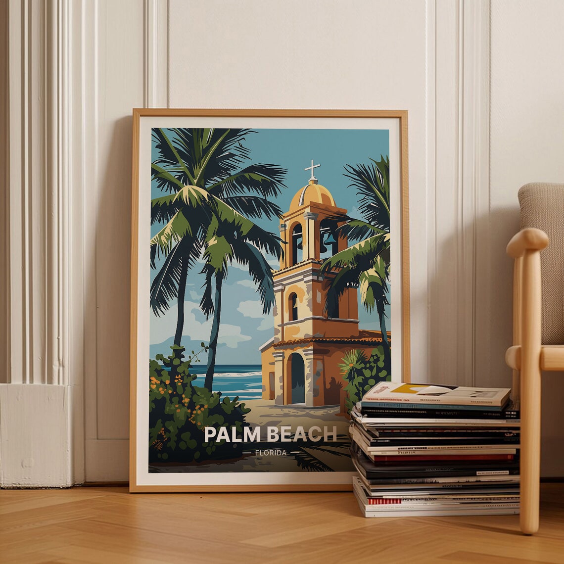 Palm Beach Florida Travel Poster Spanish Mission Tower Palm Trees Art
