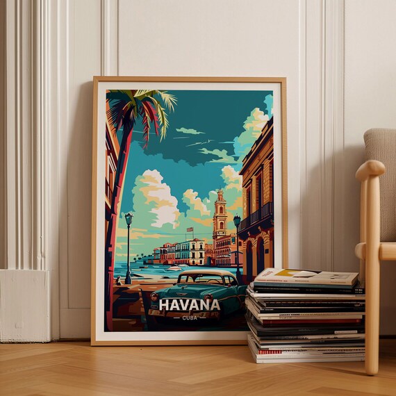 Havana Cuba Classic Car Waterfront Colonial Skyline Travel Poster