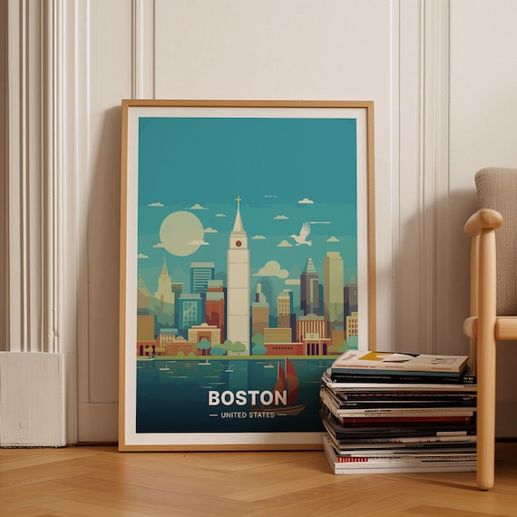 Boston United States Harbor Skyline Sailboat Moon Vintage Travel Poster