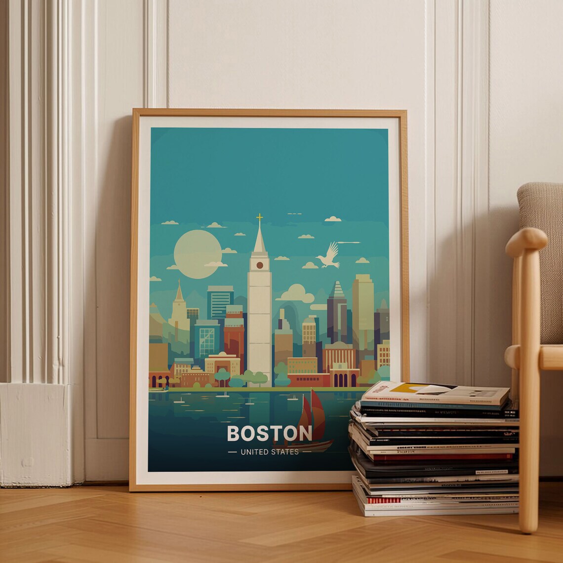 Boston United States Harbor Skyline Sailboat Moon Vintage Travel Poster
