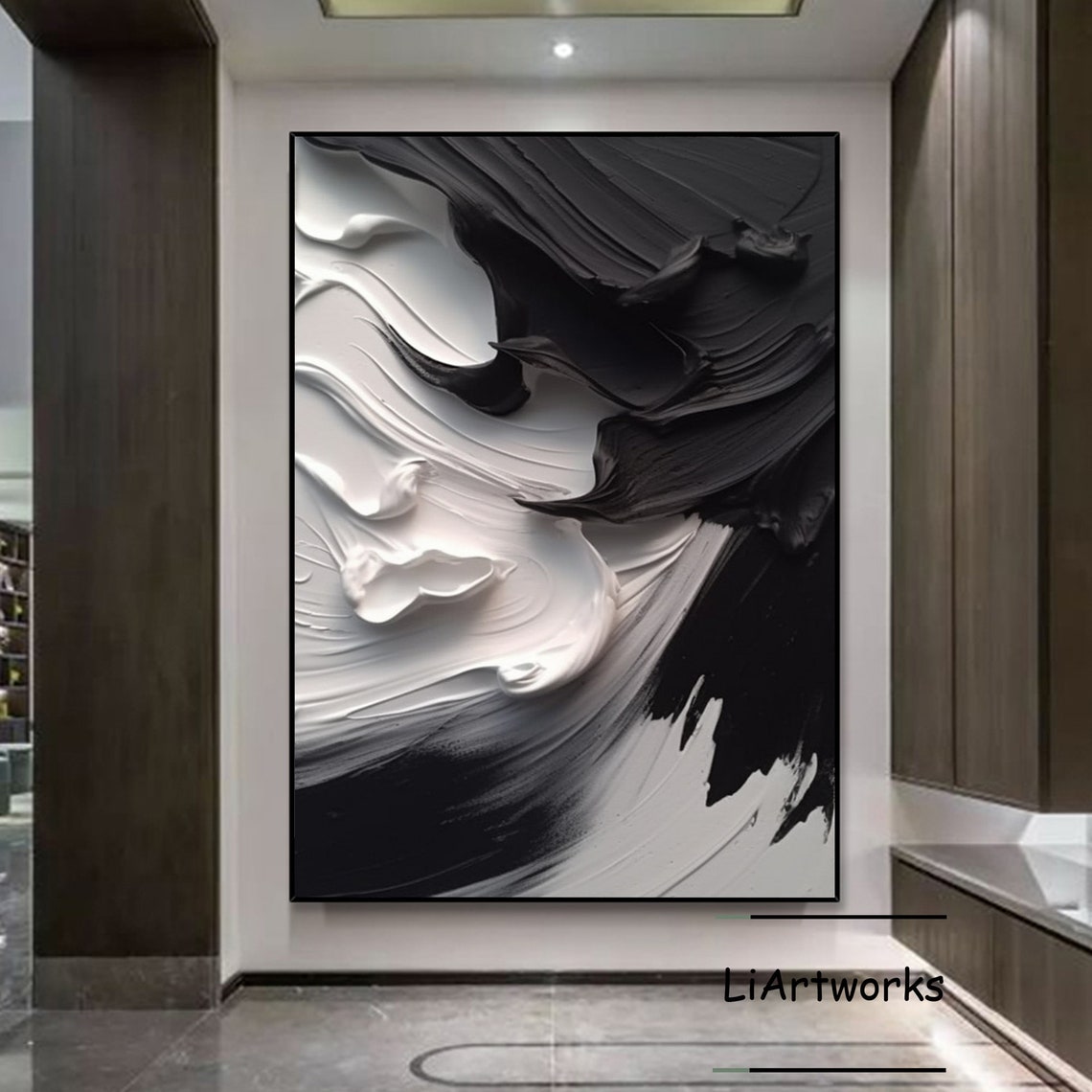 Black and White Swirling Impasto Abstract Dramatic Fluid Art Poster - Image 3
