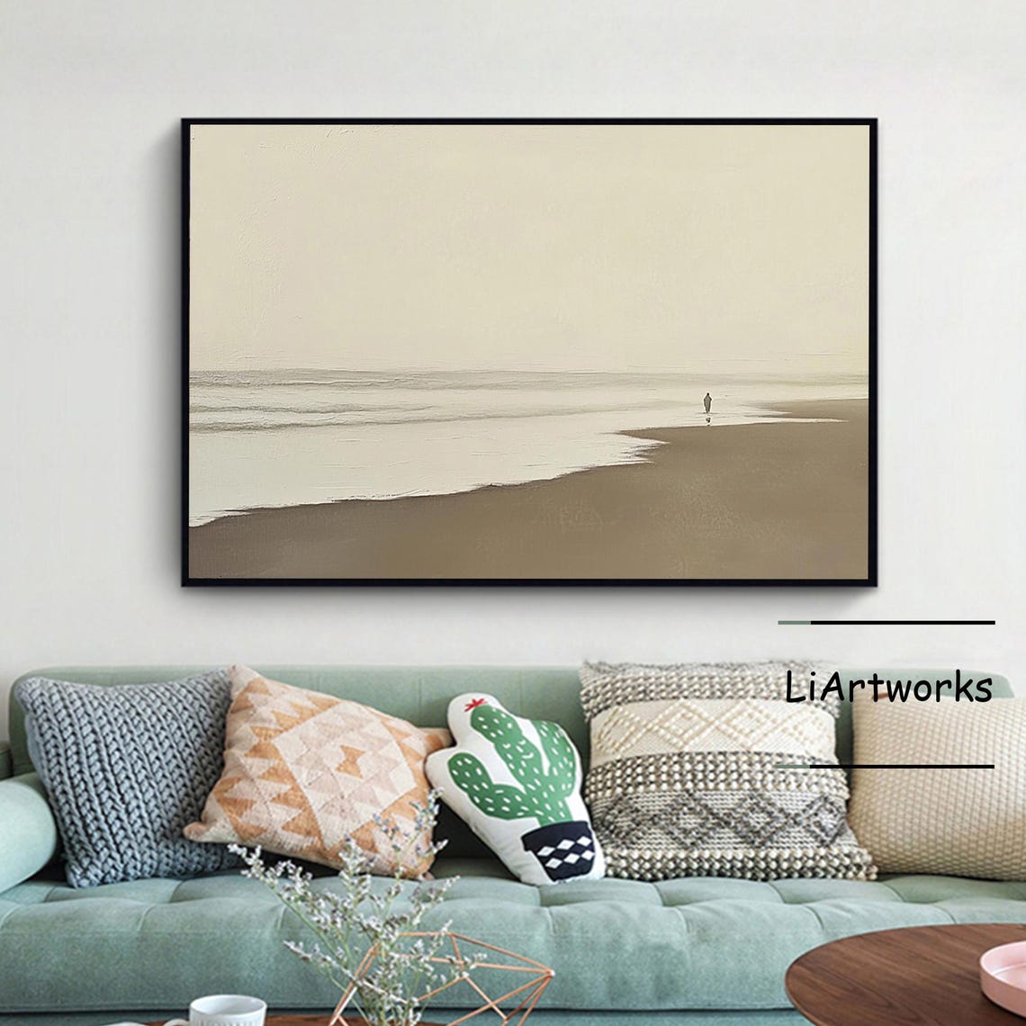 Minimalist Beige Beach Scene With a Lone Figure Walking on Sand Poster - Image 3