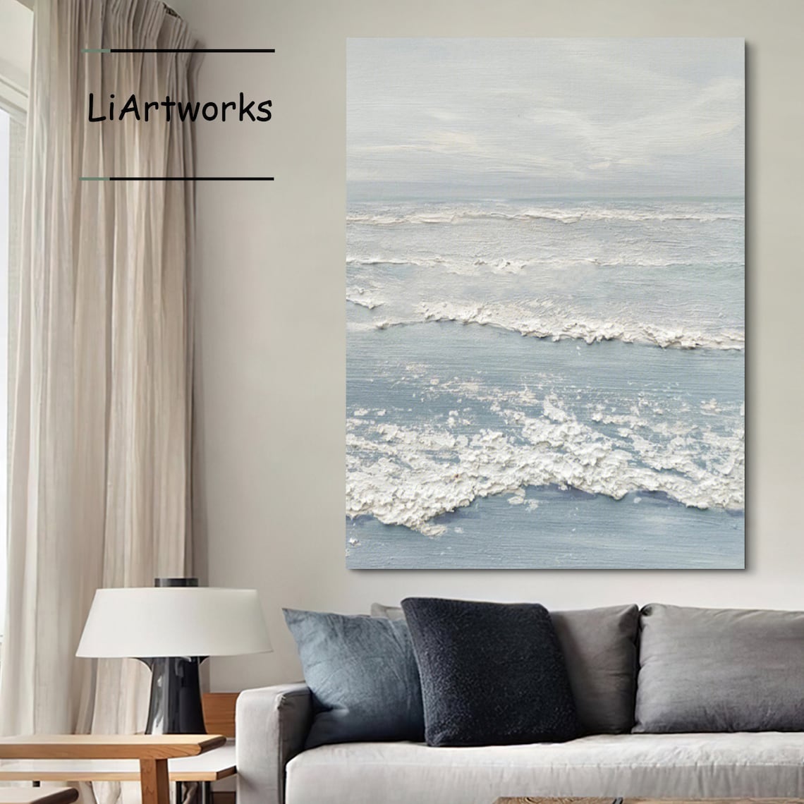Textured Blue Grey Ocean Waves Minimalist Coastal Seascape Art Poster - Image 3