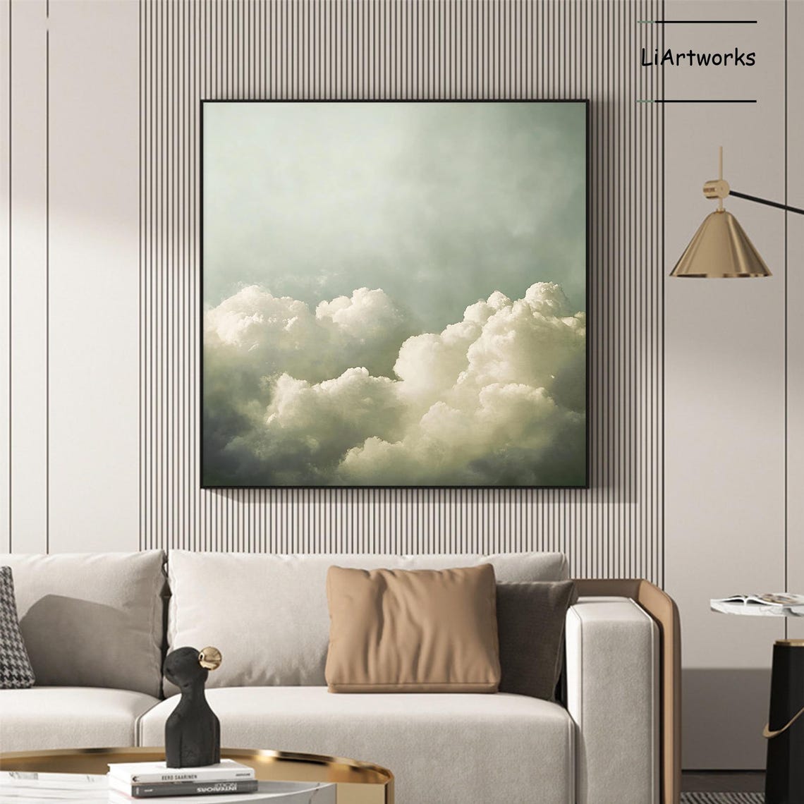 Soft Sage Green Cloudy Sky With Billowing White Clouds Art Poster - Image 3
