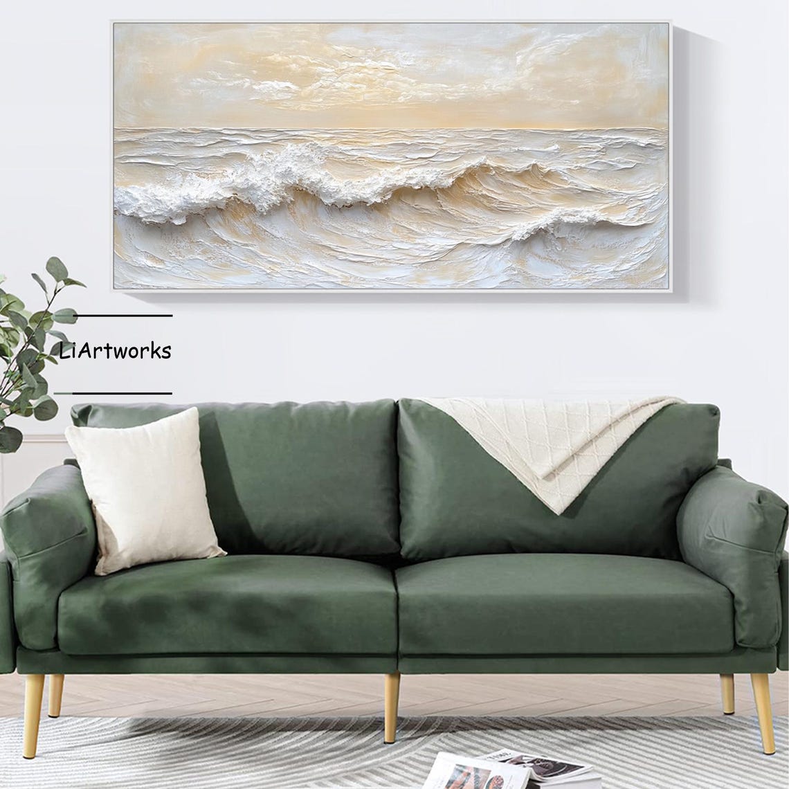 Beige Ocean Waves With White Foam Textured Coastal Art Poster - Image 3