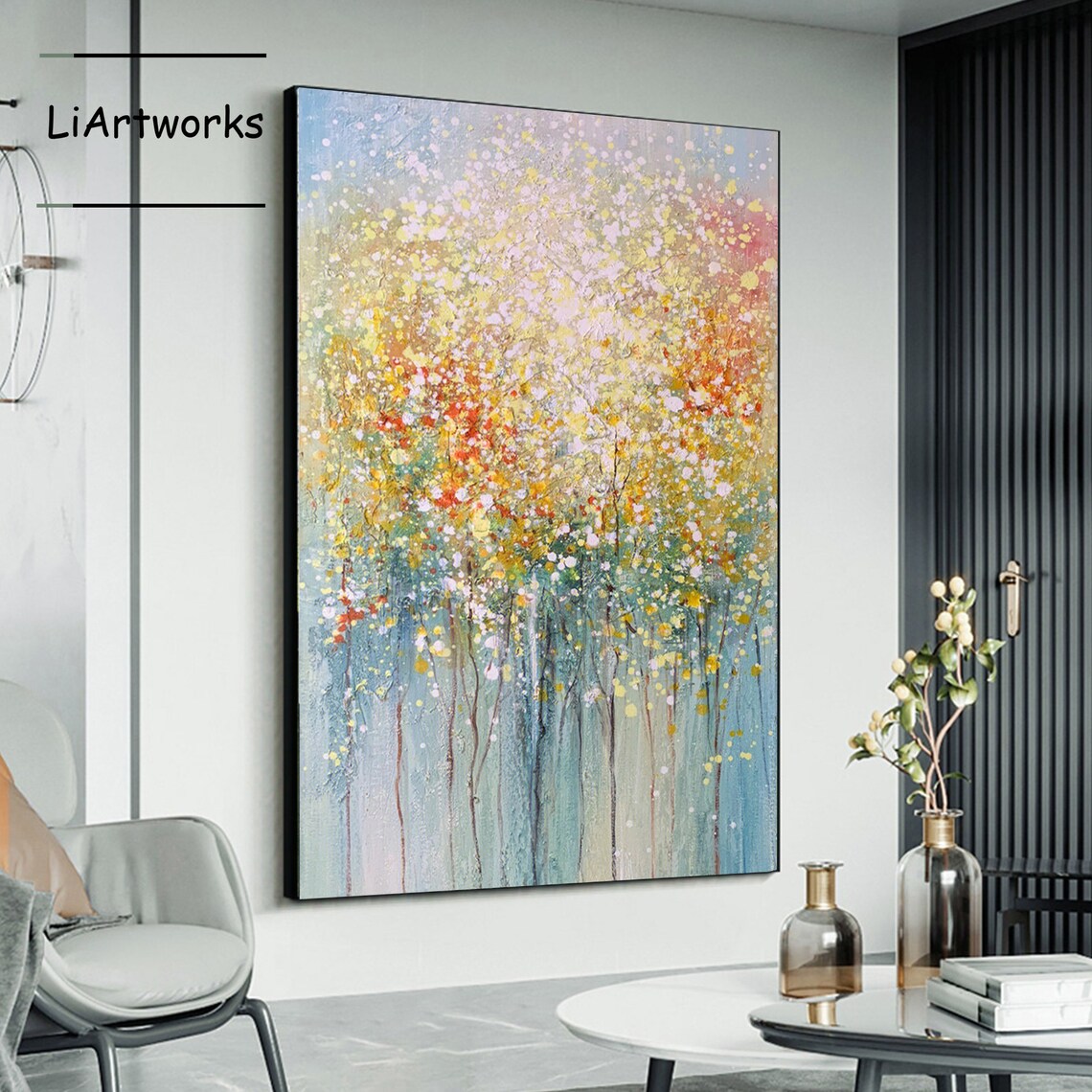 Abstract Flowering Trees with Golden Blossom Canopy Colorful Poster - Image 3