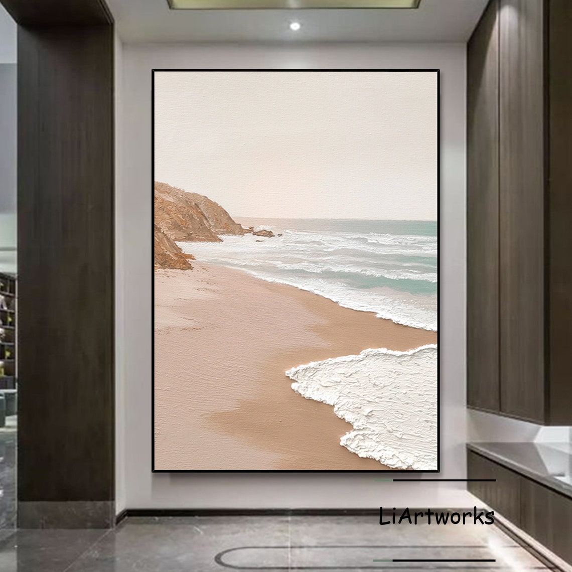 Minimalist Sandy Beach with Rocky Cliffs and Foam Waves Ocean Poster - Image 3