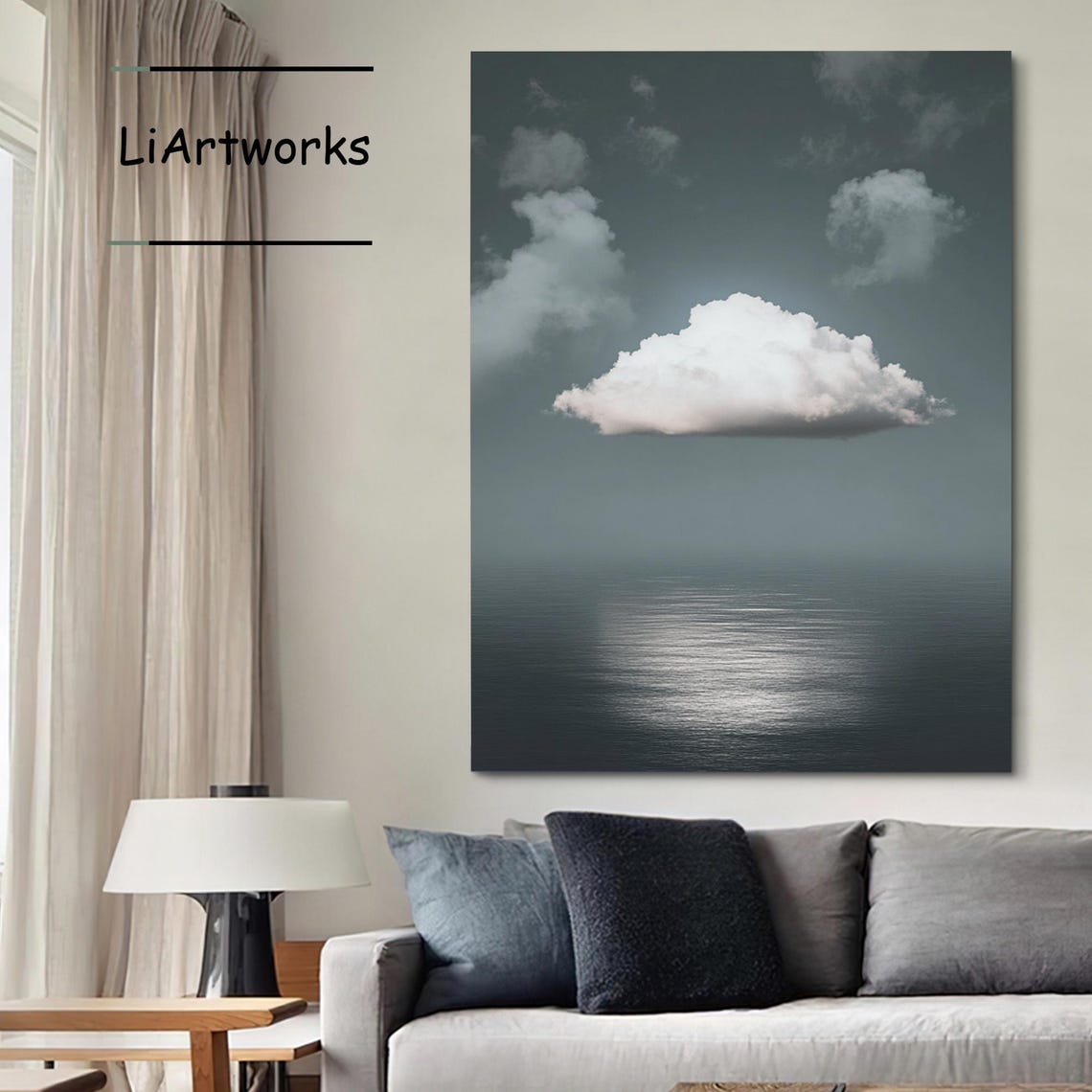 White Cloud Over Dark Sea Gray Sky Minimalist Art Wall Poster - Image 3