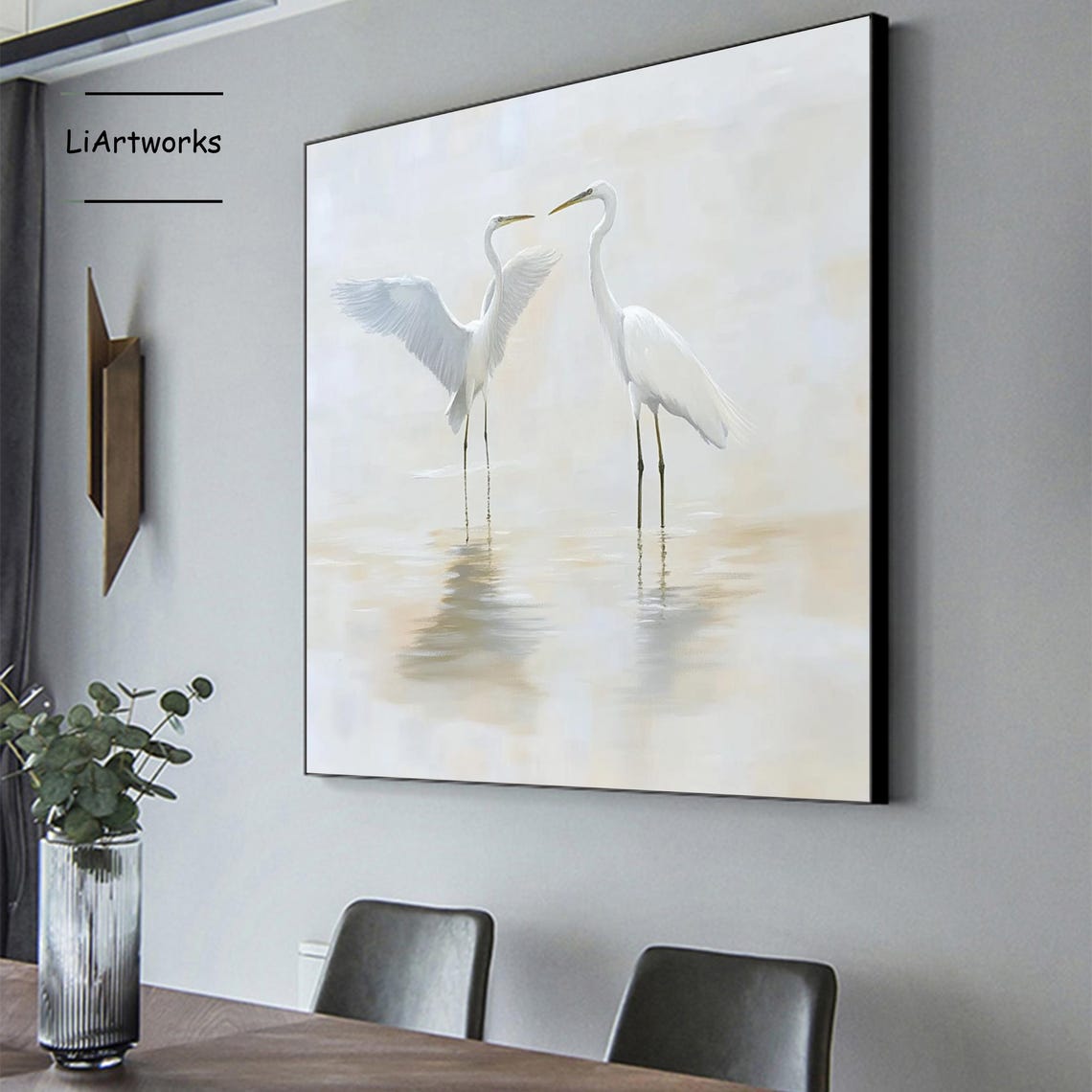 Two White Egrets Facing Each Other Calm Water Bird Art Poster - Image 3