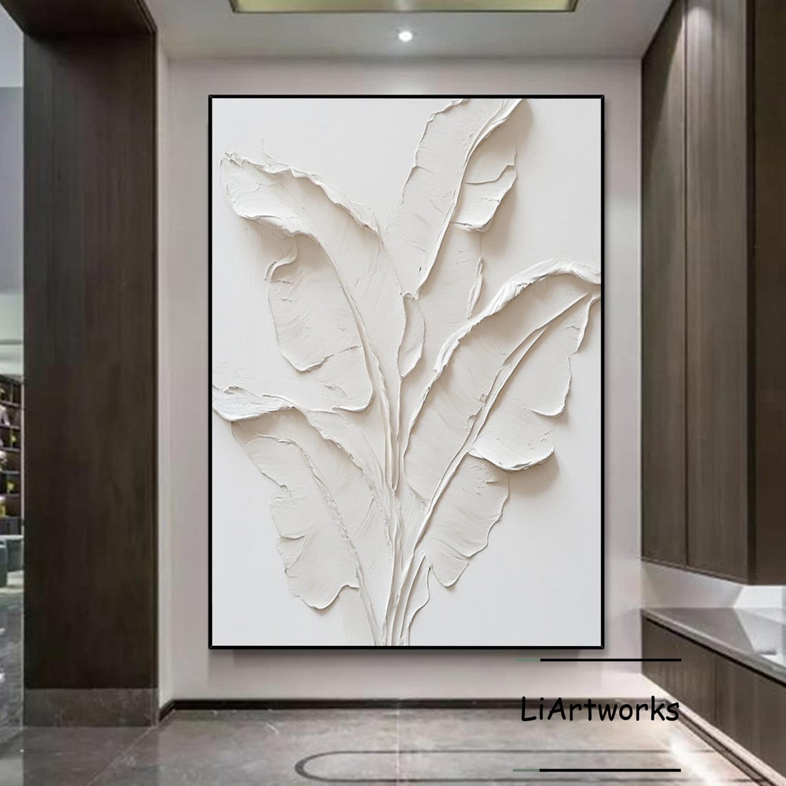 White Banana Leaves in Raised Plaster Relief Botanical Wall Art - Image 4