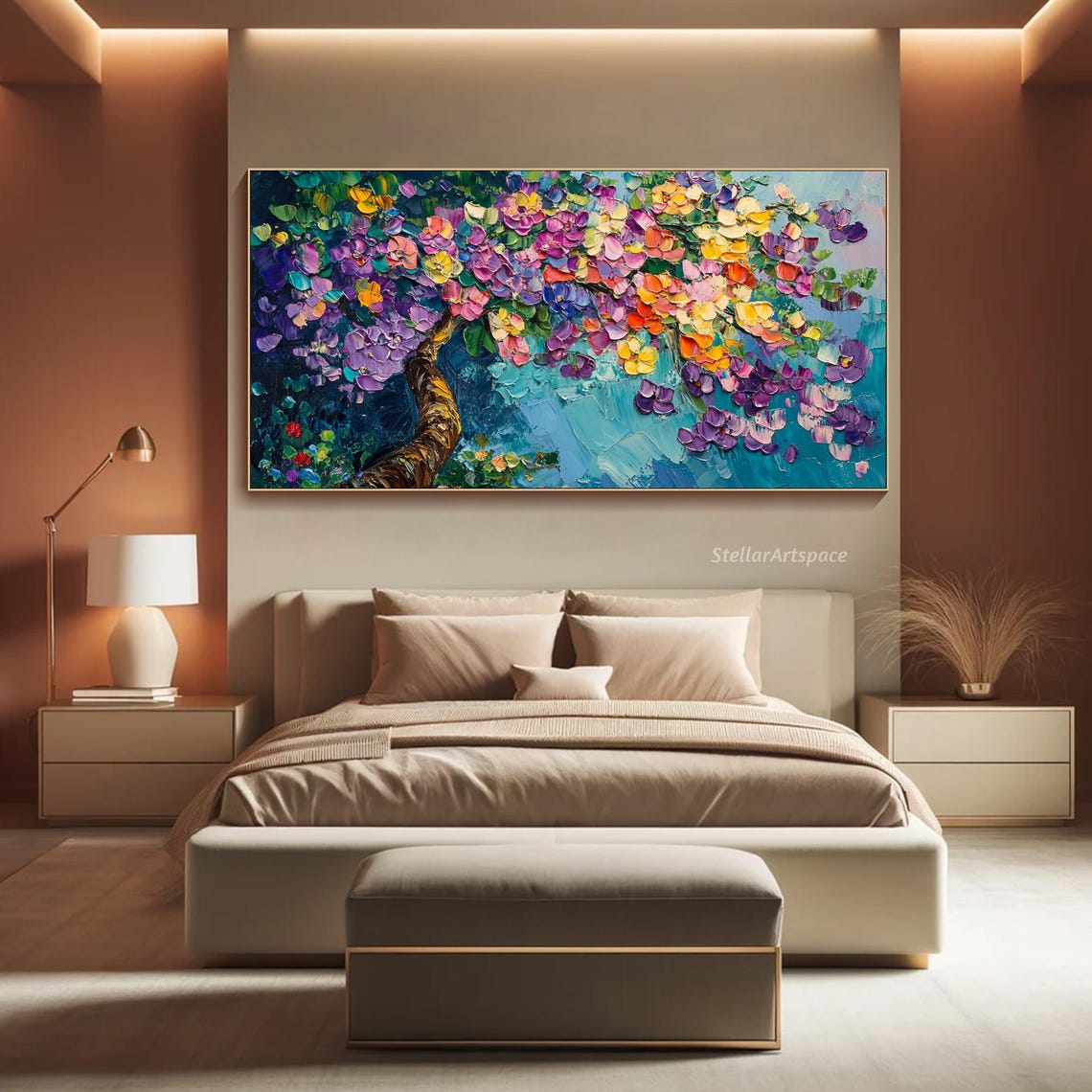 Flowering Tree Branch Colorful Blossoms Turquoise Impasto Art Poster - Image 5