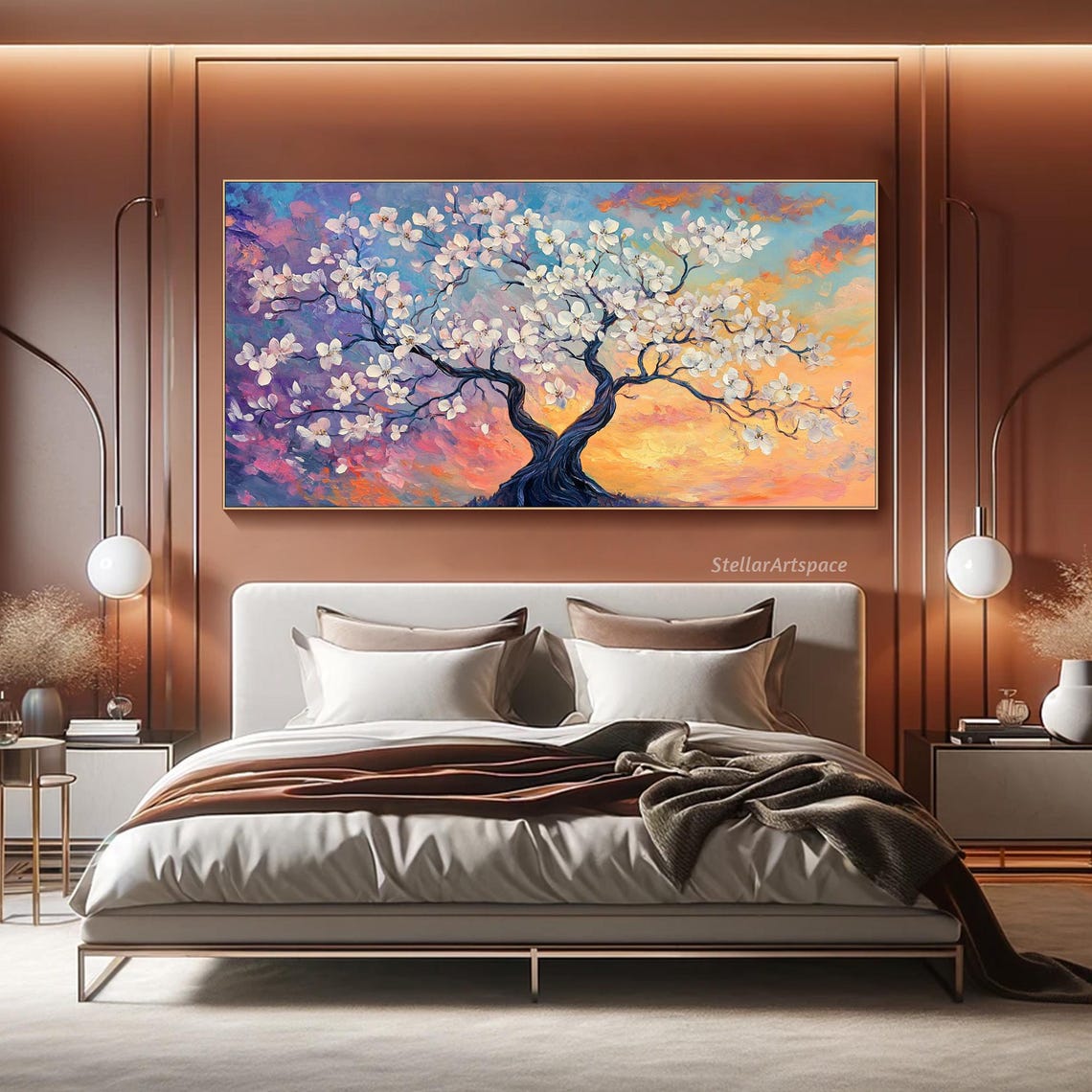 White Blossom Tree Sunset Sky Purple Orange Floral Painting Art Poster - Image 2