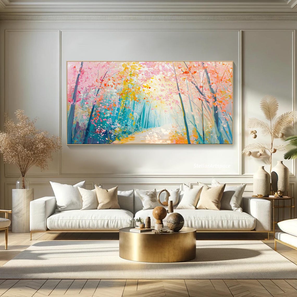 Spring Forest Path Pink Blossoms Teal Trees Light Trail Wall Art - Image 2