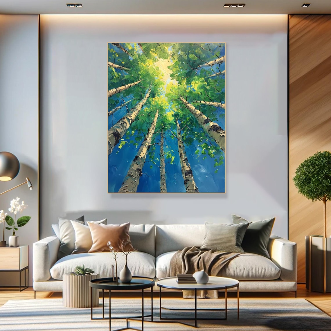 Green Forest Oil Painting, Birch Tree Wall Art - Image 2