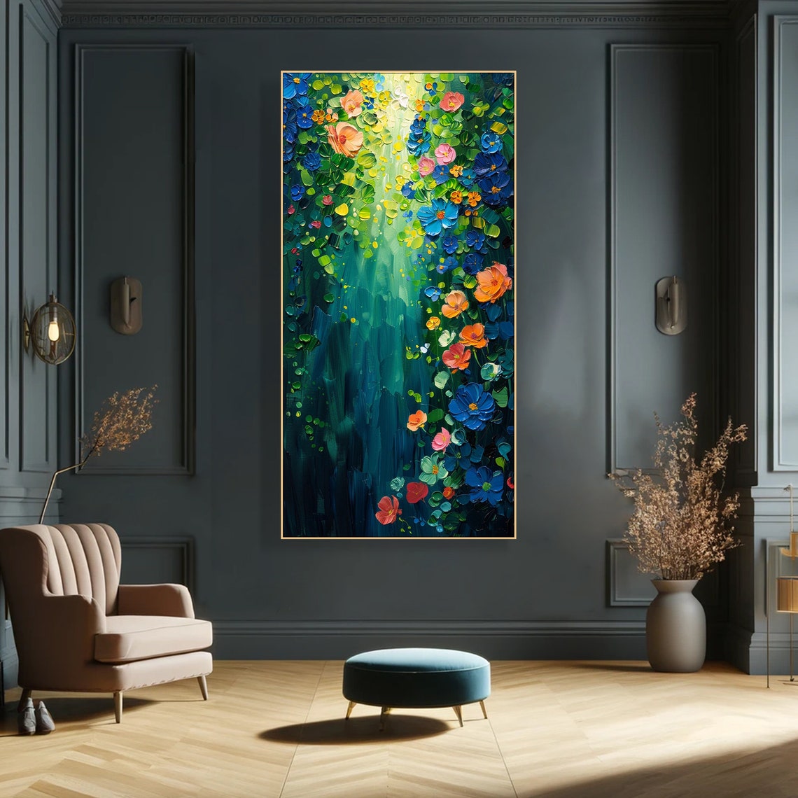 Enchanted Garden Painting Luminous Floral Art Modern Home Decor Vivid Flower Painting Living Room Wall Art Blossom Art Piece - Image 2