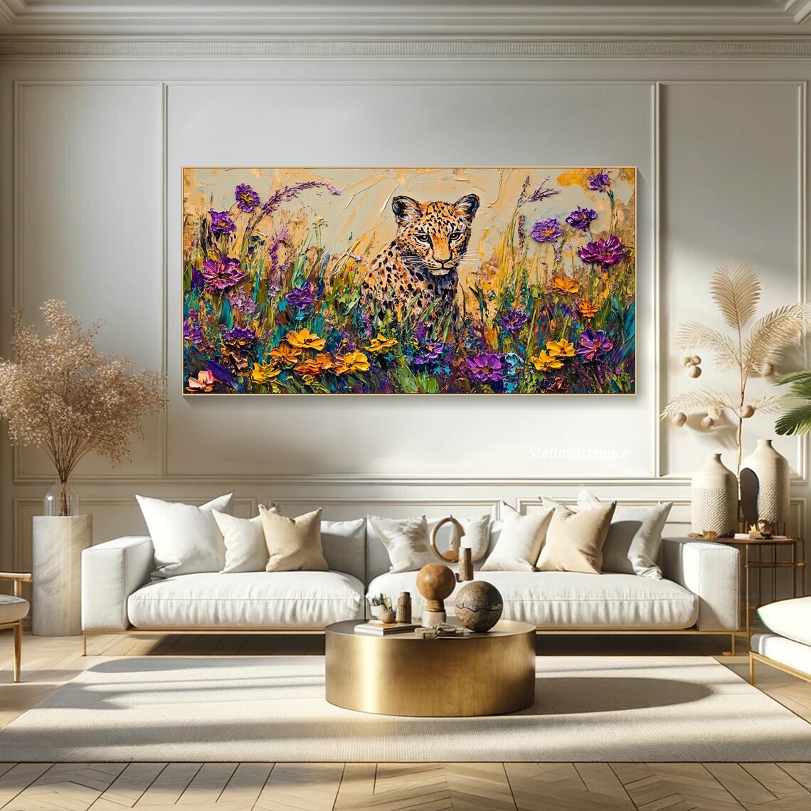 Leopard In Wildflower Meadow Colorful Wildlife Big Cat Painting Art Poster - Image 5