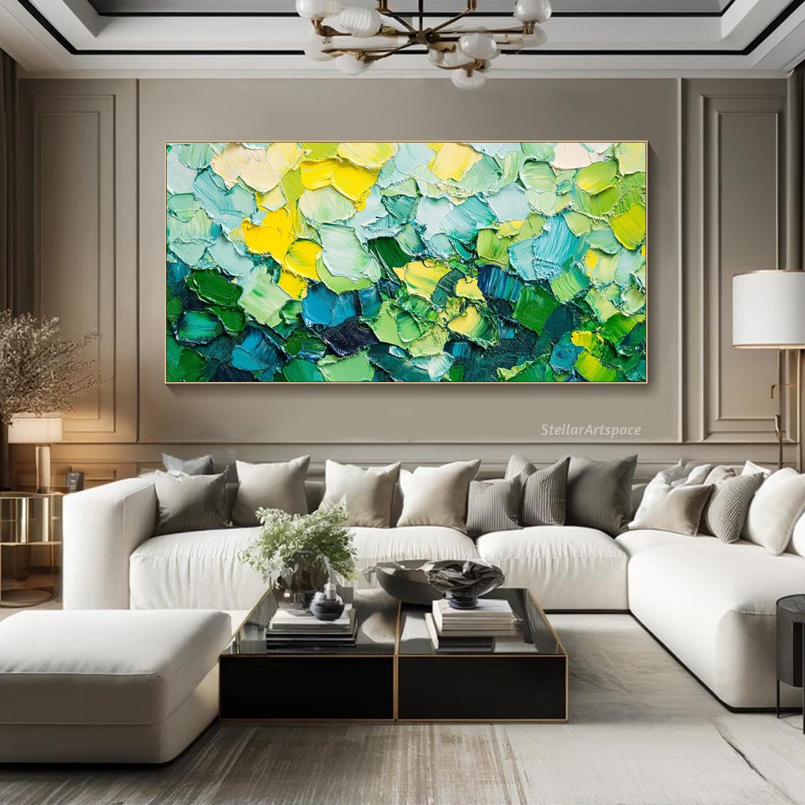 Green Yellow Blue Abstract Textured Impasto Palette Knife Wall Art - Image 5