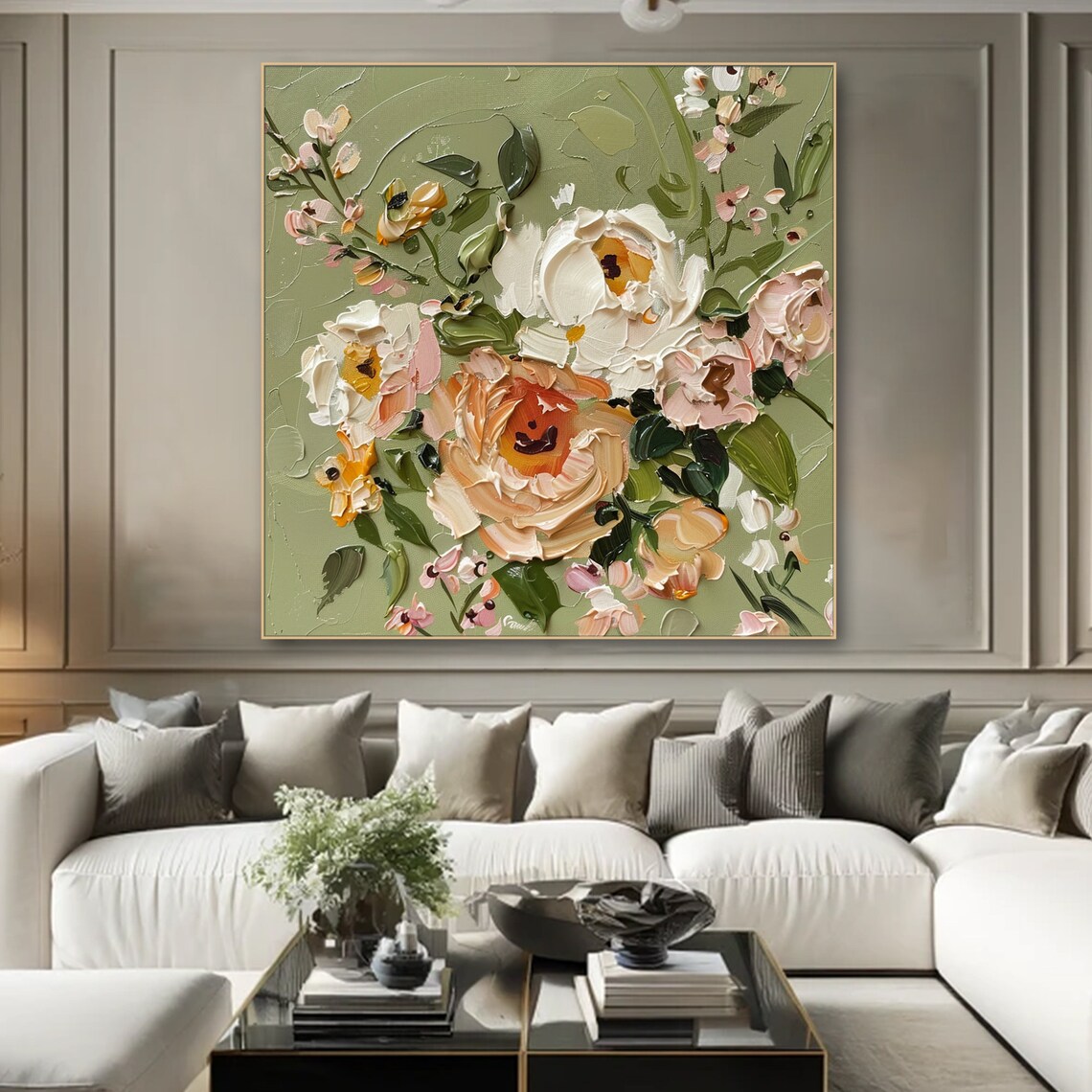 White Peony Bloom Impasto Oil Painting Neutral Floral Botanical Poster - Image 3