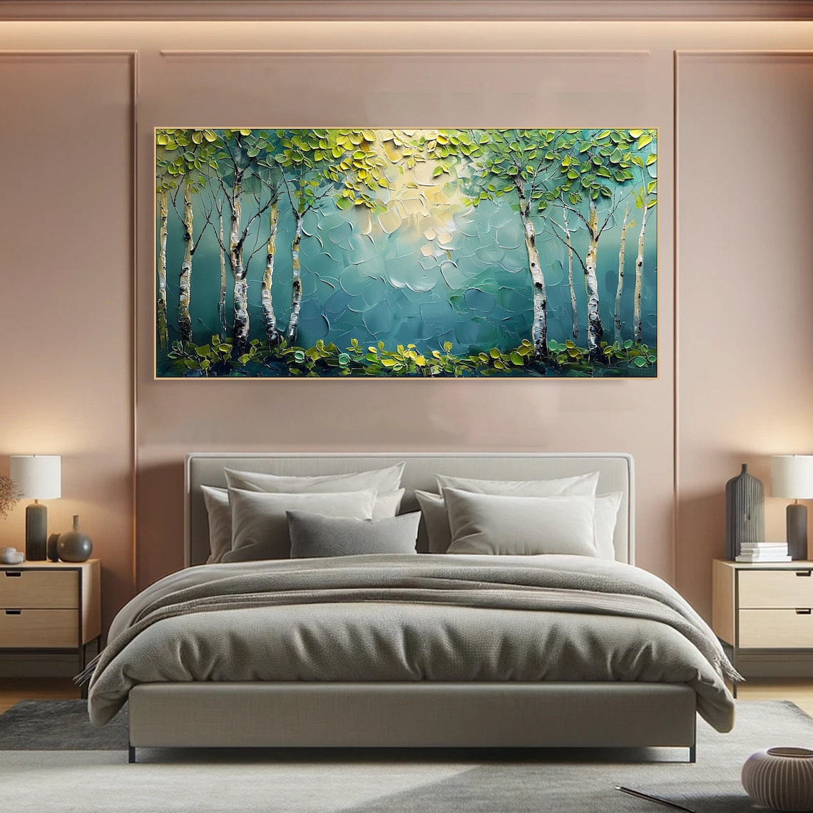 Birch Tree Art Print, Spring Green Leaves, Blue Background - Image 4