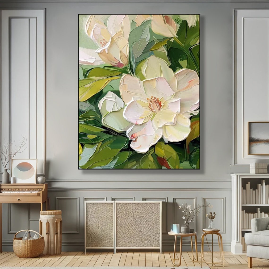 White Flower Blossoms Green Leaves Diptych Textured Floral Poster - Image 5