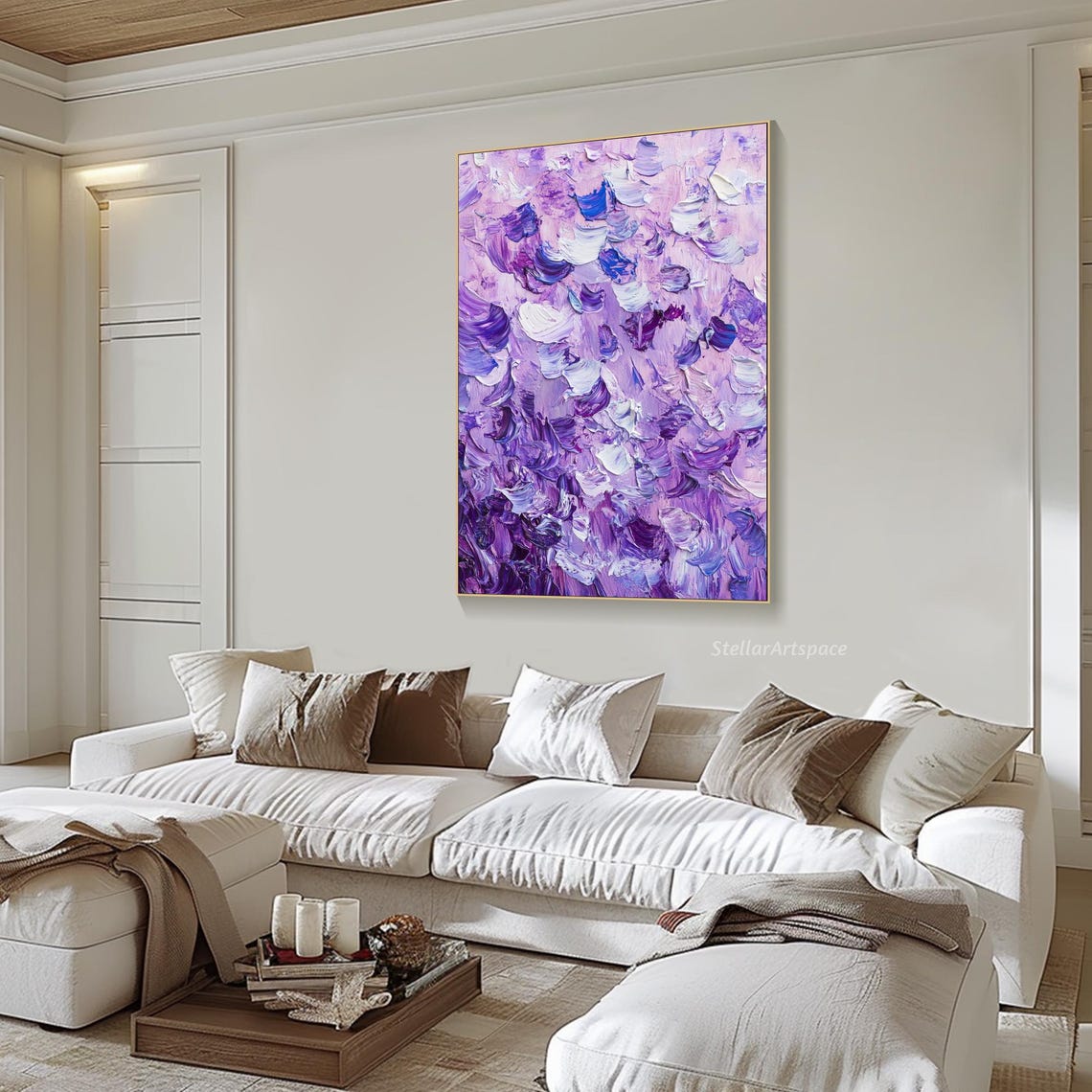 Purple Violet Abstract Palette Knife Brushstrokes Textured Wall Art - Image 5