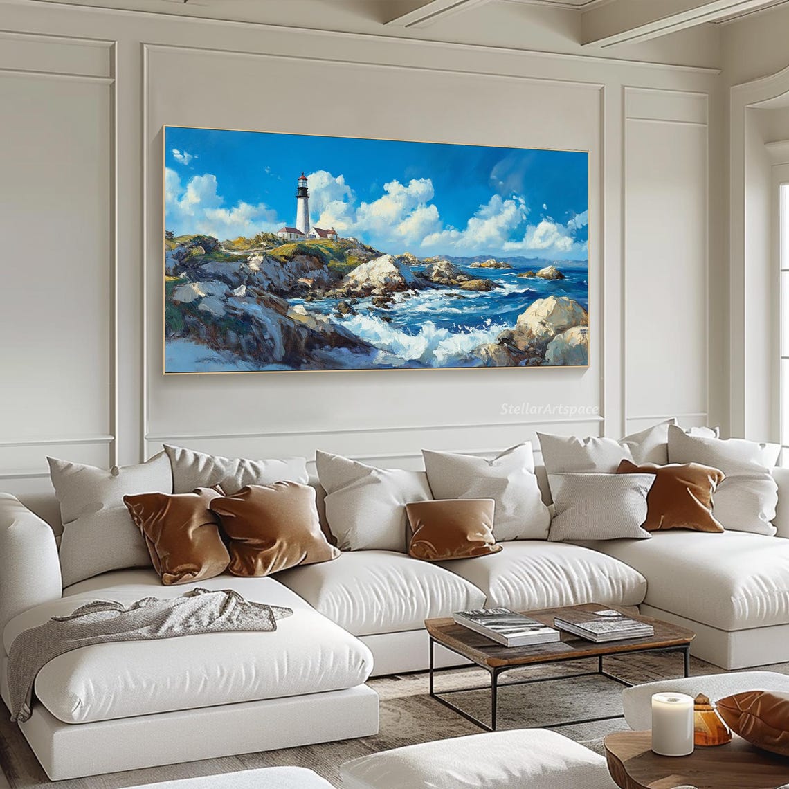 Coastal Lighthouse Rocky Cliffs Blue Ocean Waves Painting Poster - Image 6