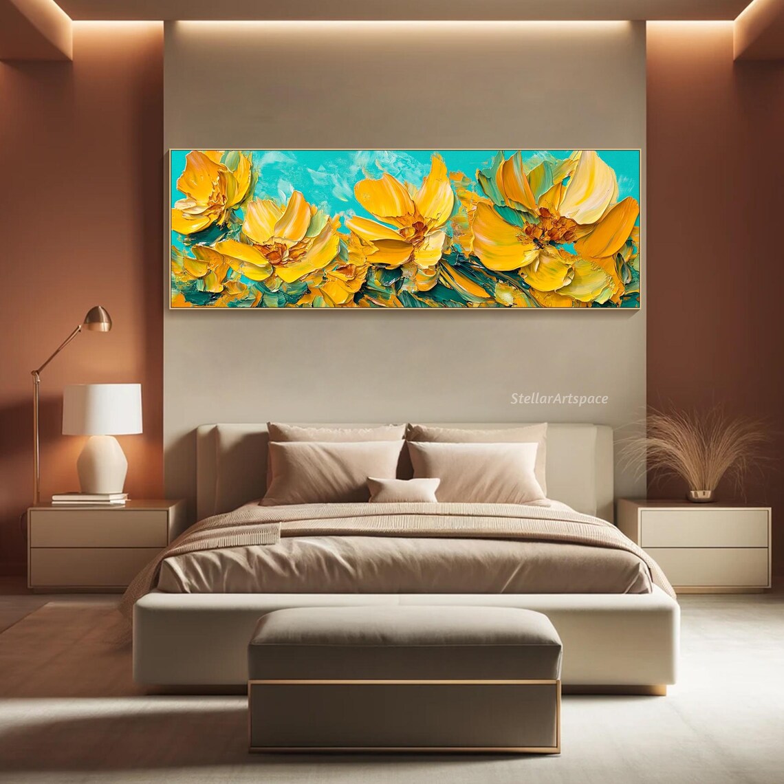 Bright Yellow Blossom Field Turquoise Sky Impasto Floral Art Poster - Image 4