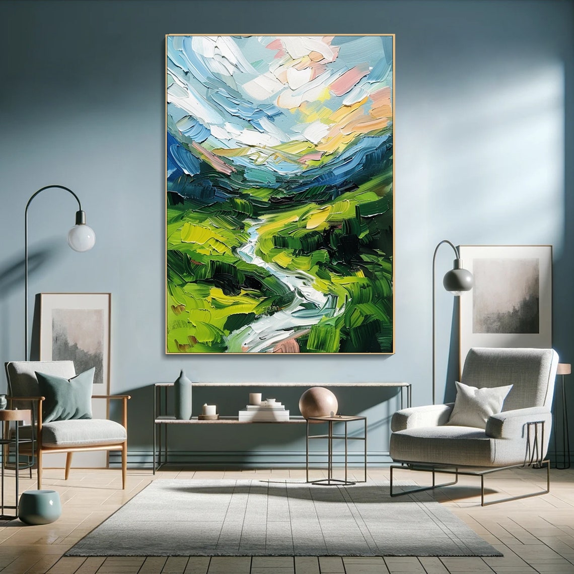 Winding Stream Green Hills Bright Cloudy Sky Impasto Landscape Poster - Image 5