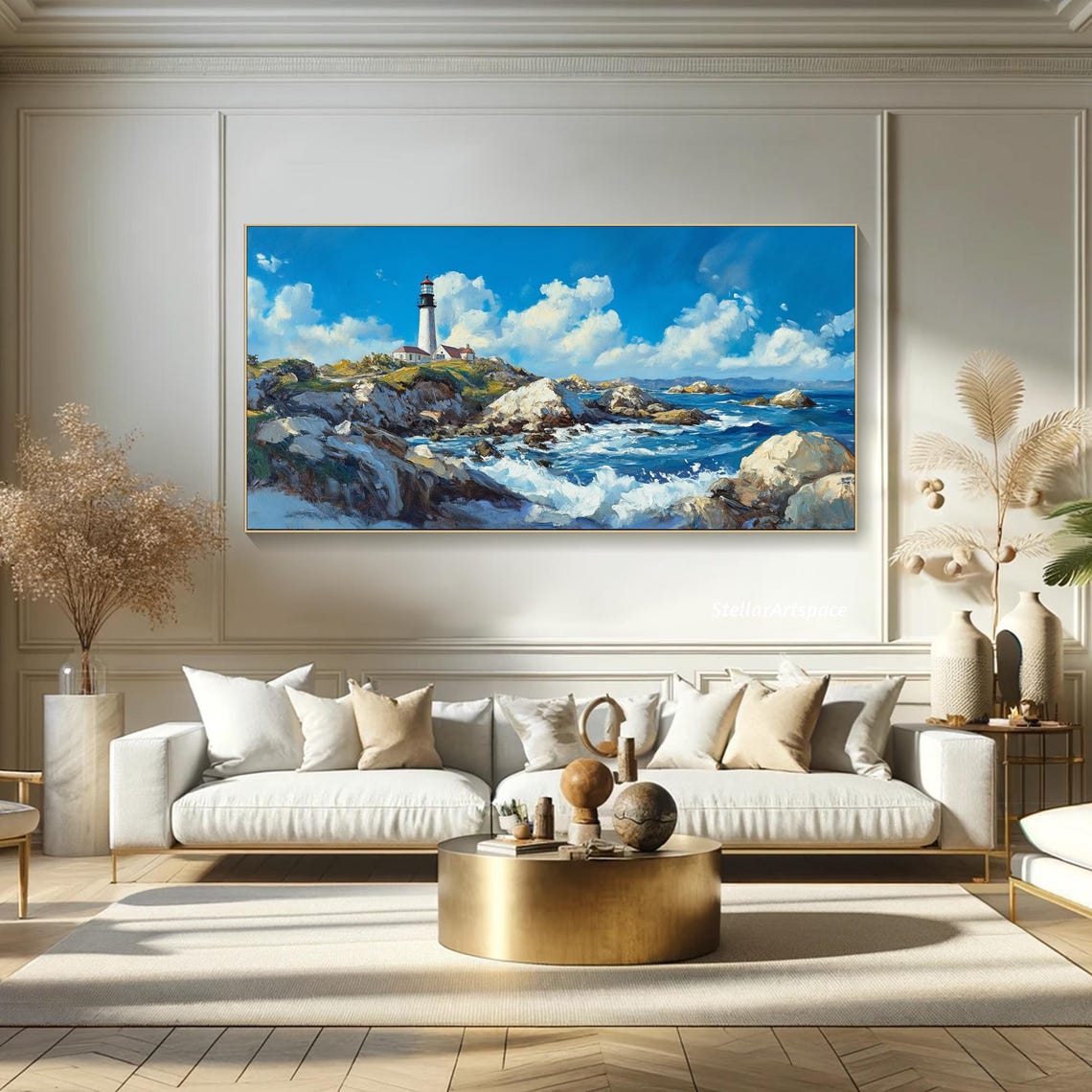 Coastal Lighthouse Rocky Cliffs Blue Ocean Waves Painting Poster - Image 4