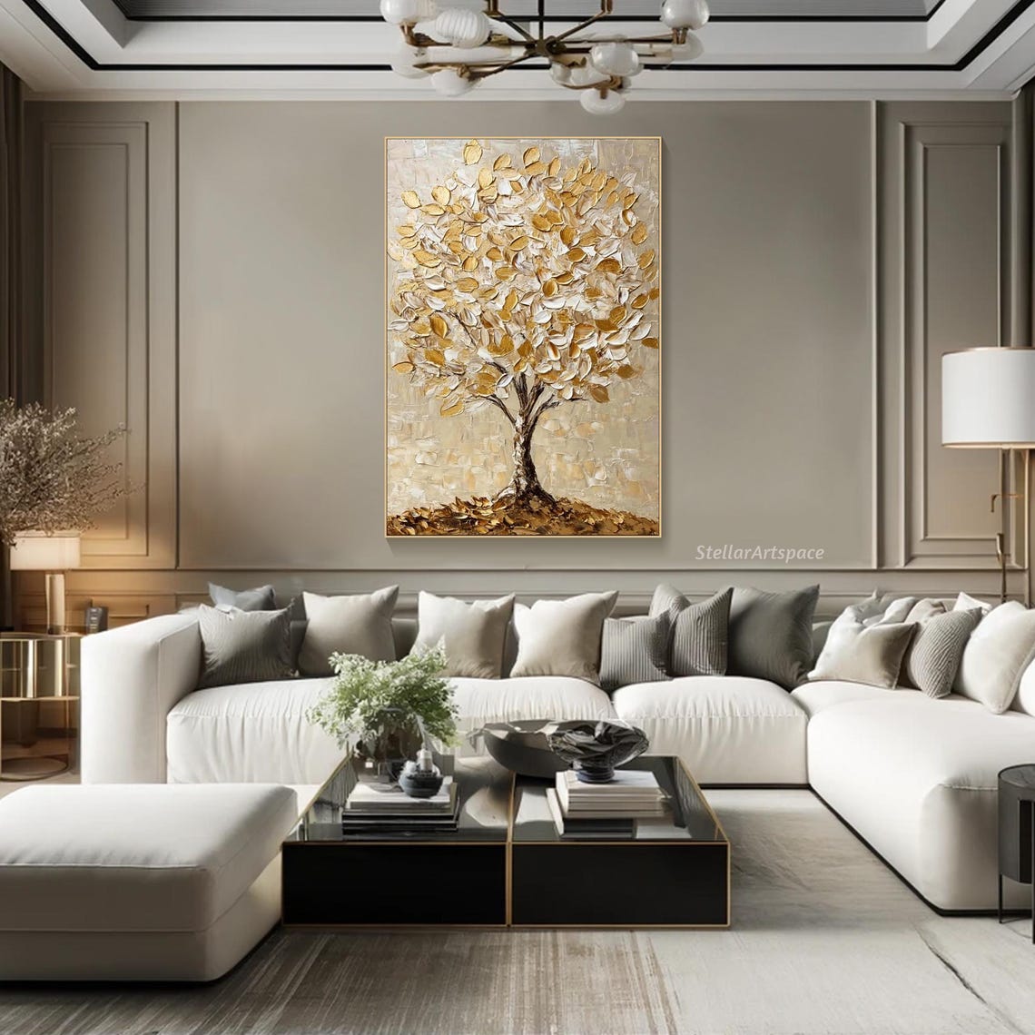 Gold Tree Of Life White Gold Leaves Neutral Elegant Wall Art - Image 2