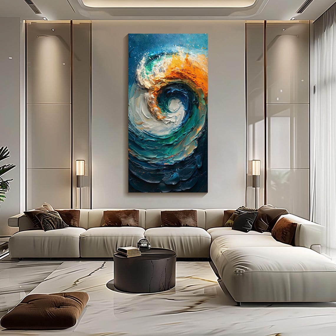 Swirling Teal Ocean Wave Abstract Textured Impasto Vertical Poster - Image 3