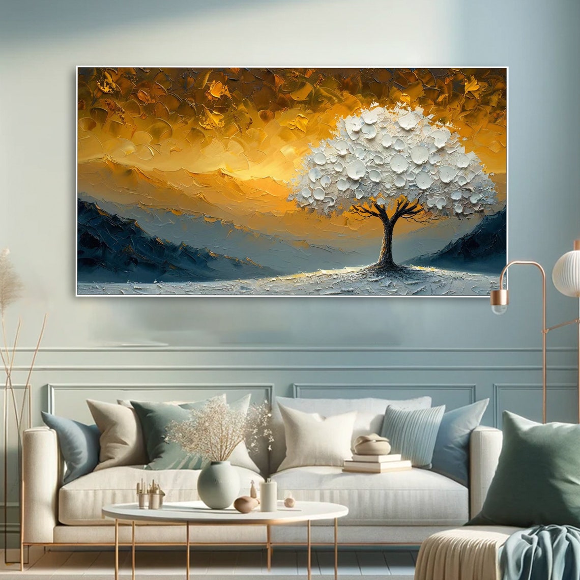 White Blossom Tree Golden Sunset Mountains Textured Art Poster - Image 3