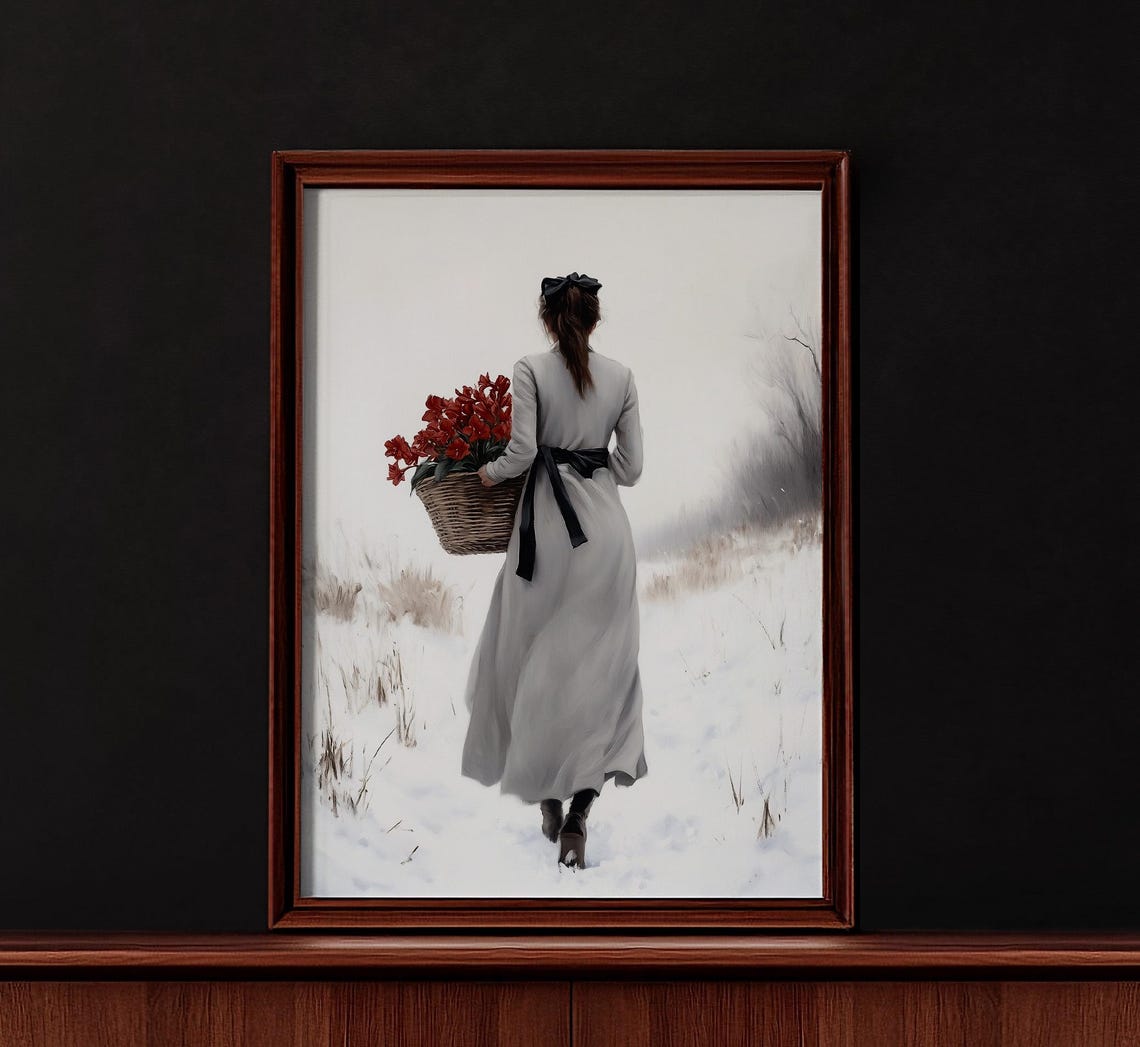Elegant Christmas Wall Art Print Woman Walking With Amaryllis Flower Snow Scenery Art Print Country House Farmhouse Art Decor 169 - Image 2