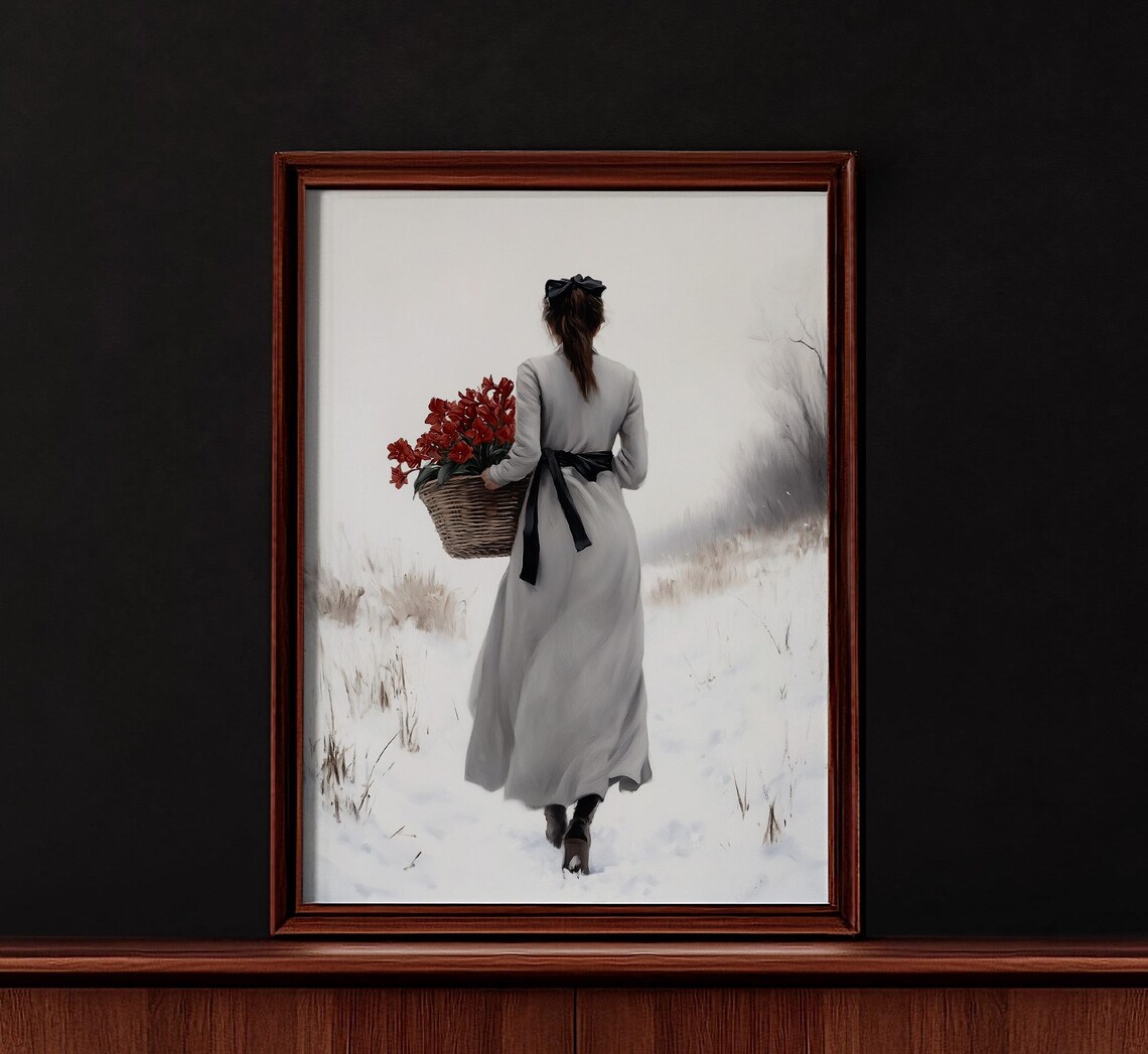 Woman in White Dress With Black Bow and Red Amaryllis Christmas Poster - Image 2