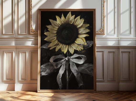 Sunflower Wall Art Dark Moody Autumnal Home Decor Oil Painting Style Image Cute Bow Illustration Harvest Season Mantelpiece Poster 53