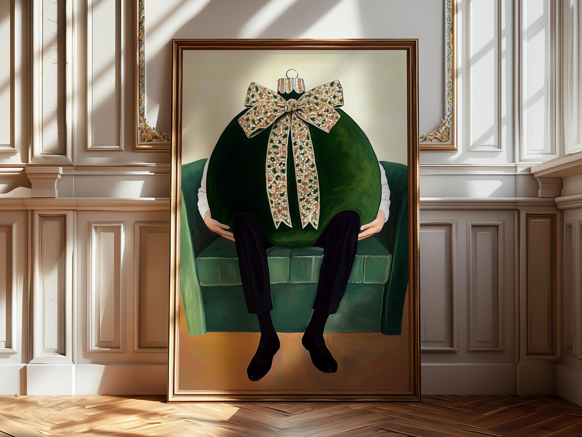 Person With Giant Green Christmas Bauble Body Sitting Armchair Poster