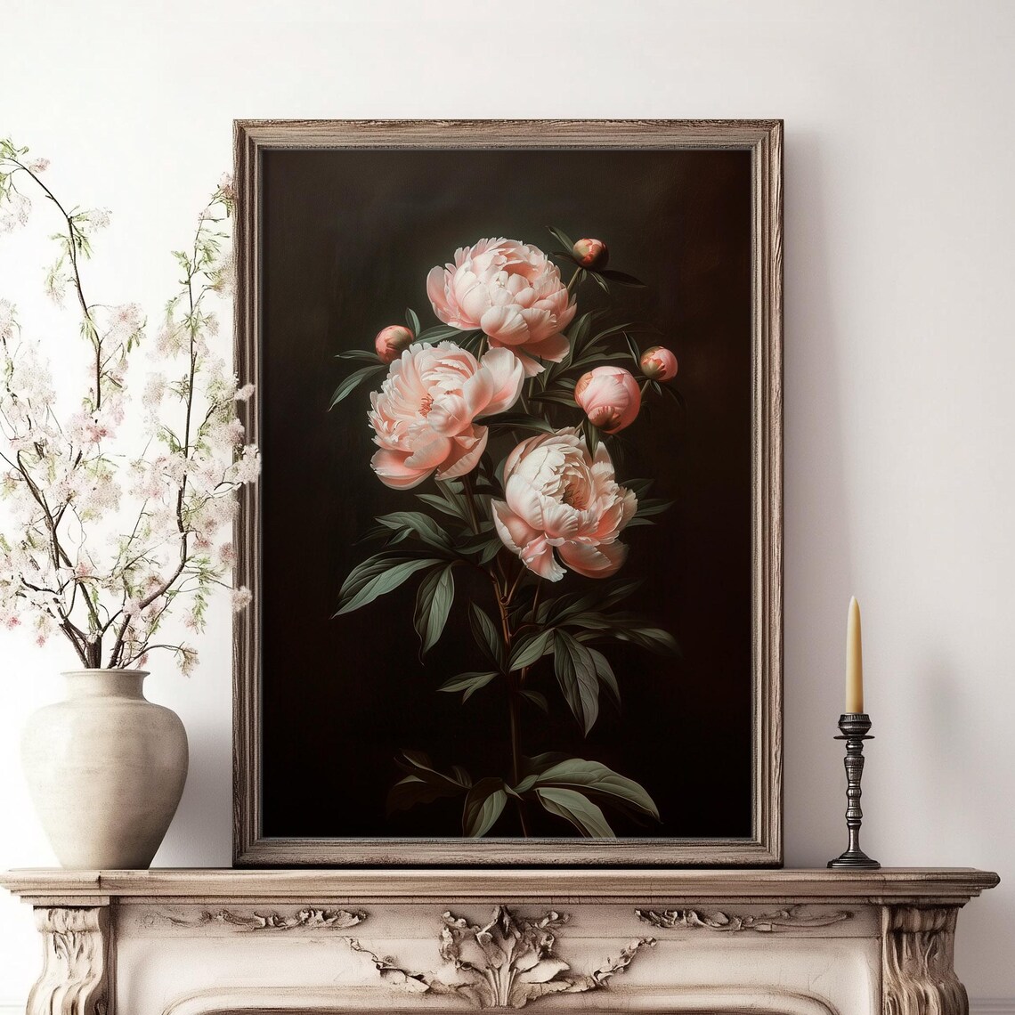 Pink Peony Blossoms Dark Moody Oil Painting Floral Art Poster - Image 3