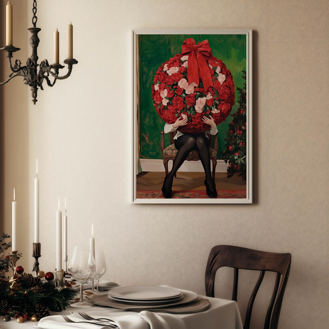 Woman Holding Giant Floral Bauble With Red Bow Christmas Poster - Image 4