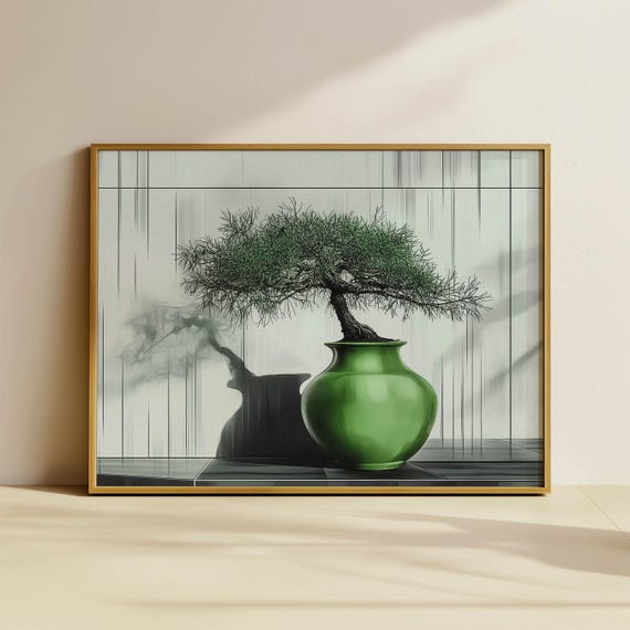 Japandi Horizontal Wall Art Bonsai Tree Painting Green Artwork Oil Painting Style Print Home Decor Contemporary Gallery Wall 133
