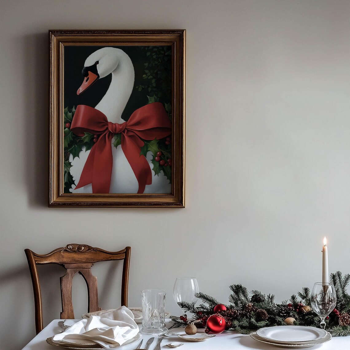 White Swan Wearing Giant Red Satin Bow With Holly Christmas Art Poster - Image 4