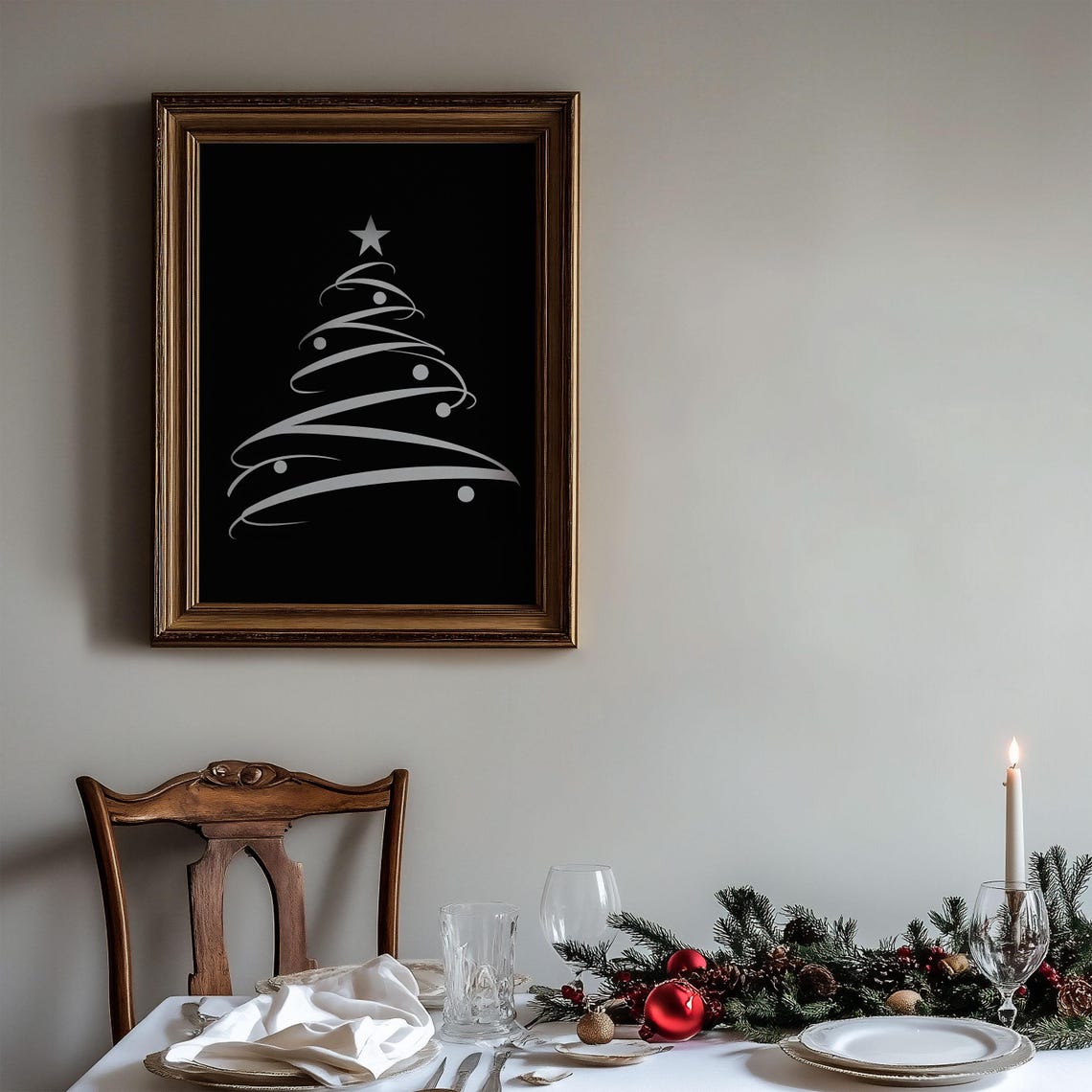 White Line Art Christmas Tree On Black Minimalist Graphic Poster - Image 3