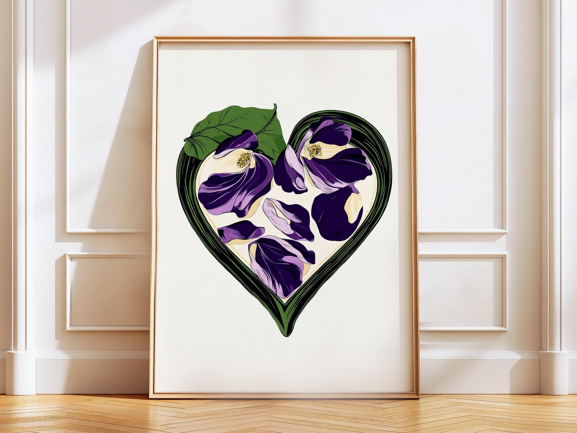 Purple Petal Heart Flower Shape Modern Boho Floral Art Poster