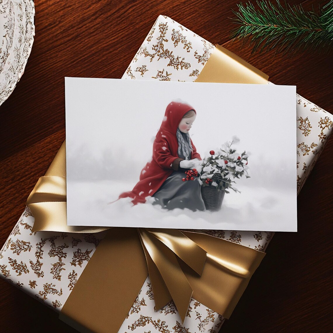 Girl In Red Hooded Cape Gathering Winterberries In Snow Painting Poster - Image 3