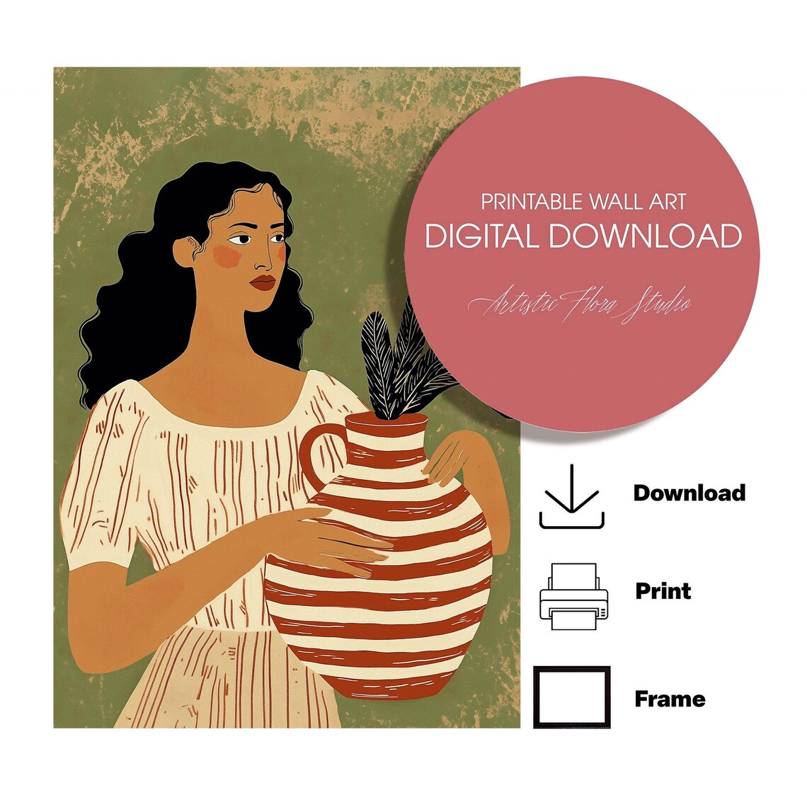 Black Woman Holding Striped Pitcher Mid Century Modern Art Poster - Image 3
