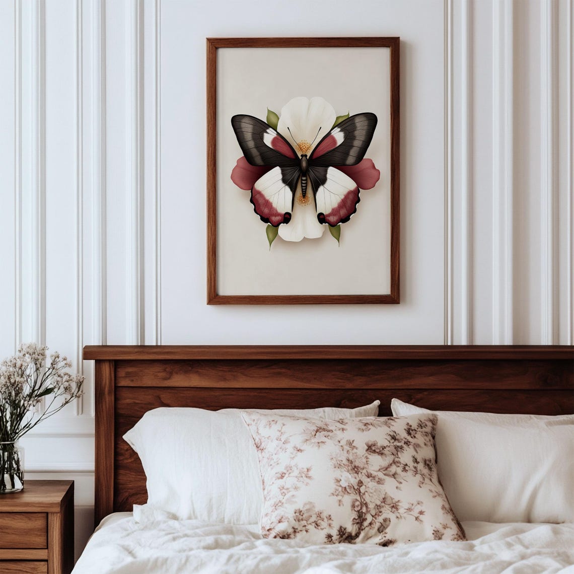 Burgundy Black White Butterfly White Flower Botanical Poster - Image 3