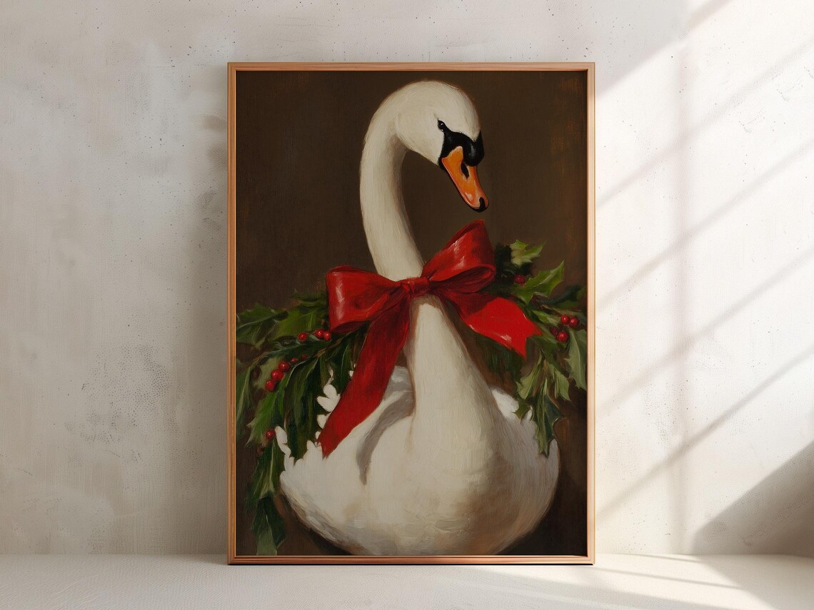White Swan With Red Bow And Holly Berries Christmas Painting Poster - Image 3